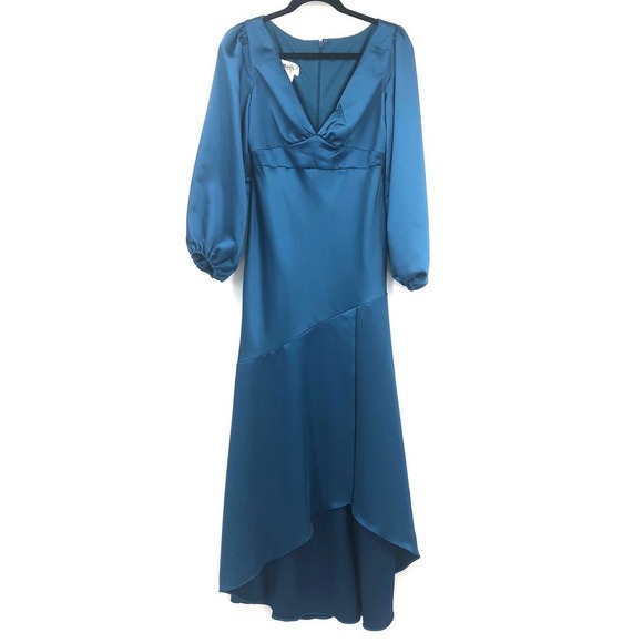 LOVELY Teagan Long Sleeve Blue Charmeuse High/Low Bridesmaid Dress Size 4 NEW - Picture 2 of 11